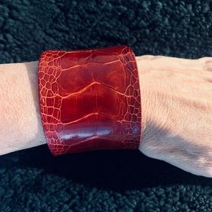 Blood red ostrich leather silver lined cuff bracelet